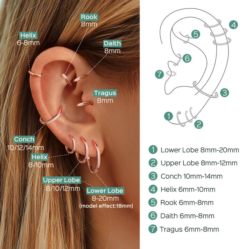 ChicSilver 14K Rose Gold Plated Earrings for Women 8MM Hoop Earrings Hypoallergenic Small Huggies Earrings Tiny Cartilage Earring for Mother - Image 3