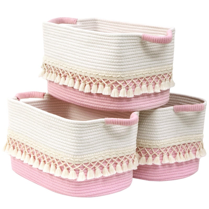Degeyoyo 2 Pack Storage Basket for Shelves, Boho Cotton Rope Storage Bins with Heavy Tassel, Shelf Baskets Large Woven Baskets for Organizing, Cube Organizer Bins, Baby Laundry Basket for Clothes, Toys, Pets - Image 1
