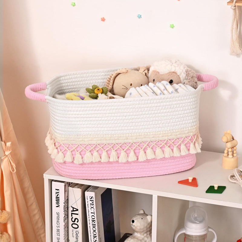 Degeyoyo 2 Pack Storage Basket for Shelves, Boho Cotton Rope Storage Bins with Heavy Tassel, Shelf Baskets Large Woven Baskets for Organizing, Cube Organizer Bins, Baby Laundry Basket for Clothes, Toys, Pets - Image 3