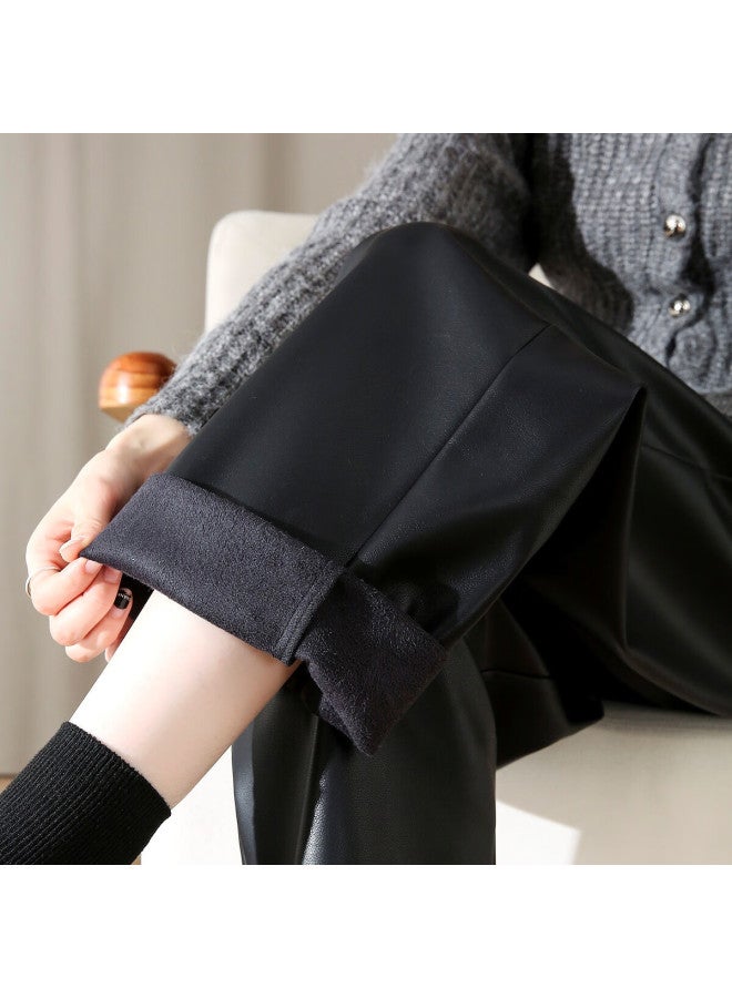 Dme Trendy Pu Leather Pants Winter Street Style Elastic Waist Straight Leg Cropped Trousers With Pockets - Image 2