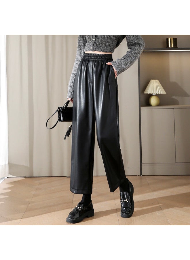 Dme Trendy Pu Leather Pants Winter Street Style Elastic Waist Straight Leg Cropped Trousers With Pockets - Image 3