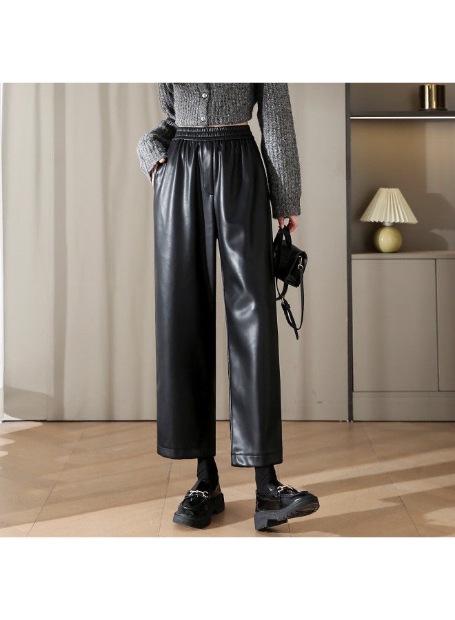 Dme Trendy Pu Leather Pants Winter Street Style Elastic Waist Straight Leg Cropped Trousers With Pockets - Image 4
