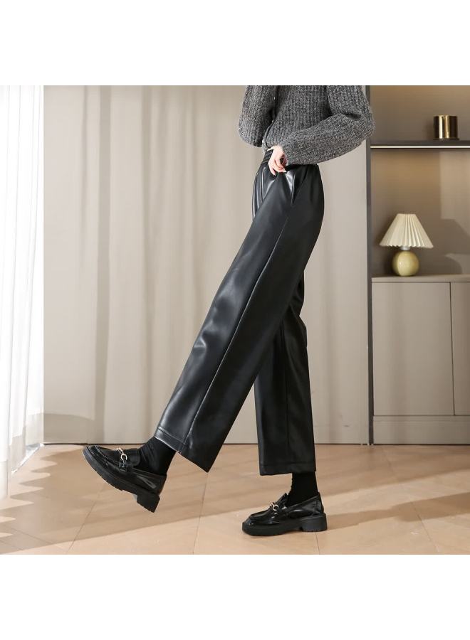 Dme Trendy Pu Leather Pants Winter Street Style Elastic Waist Straight Leg Cropped Trousers With Pockets - Image 1