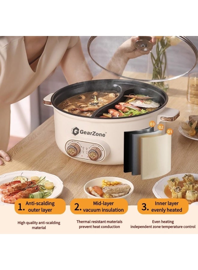 GearZone وعاء طهي كهربائي متعدد الوظائف بسعة كبيرة 6.5 لتر 1600 واط غير لاصق، وعاء ساخن مزدوج مع تحكم مستقل في درجة الحرارة، مقلاة كهربائية، مقلاة، للمعكرونة، البيض، الستيك، الحساء - Image 2