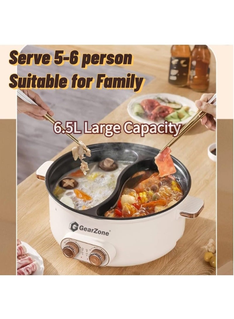 GearZone وعاء طهي كهربائي متعدد الوظائف بسعة كبيرة 6.5 لتر 1600 واط غير لاصق، وعاء ساخن مزدوج مع تحكم مستقل في درجة الحرارة، مقلاة كهربائية، مقلاة، للمعكرونة، البيض، الستيك، الحساء - Image 3