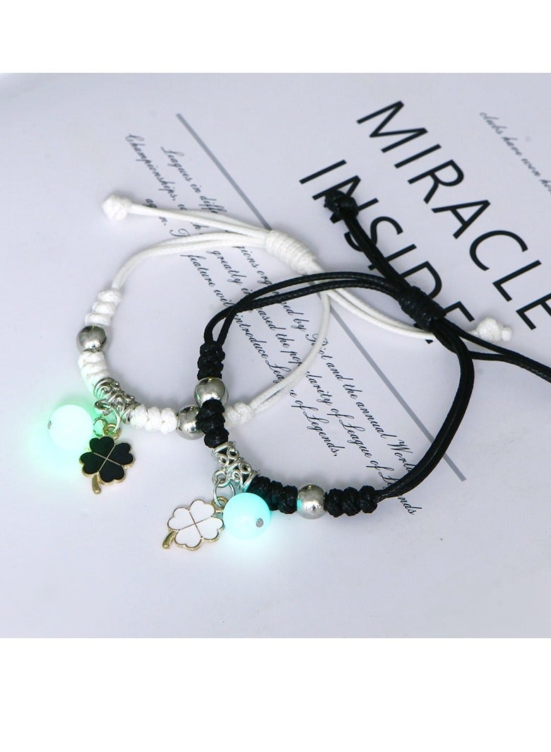 Glow in the Dark Matching Bracelets Set – Black and White Lucky Clover Luminous Resin Beads, Couple & Friendship Bracelets for Lovers, Best Friends, Sisters, Adjustable Gift Jewelry - Image 1