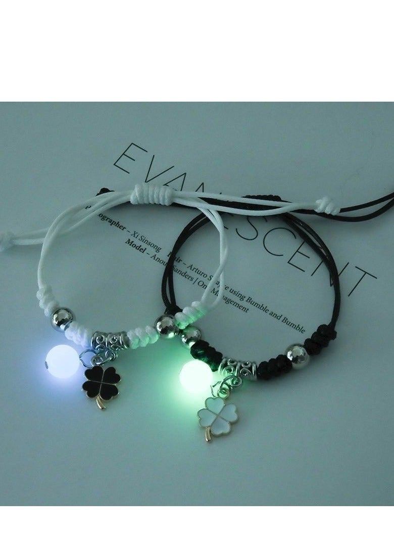 Glow in the Dark Matching Bracelets Set – Black and White Lucky Clover Luminous Resin Beads, Couple & Friendship Bracelets for Lovers, Best Friends, Sisters, Adjustable Gift Jewelry - Image 2