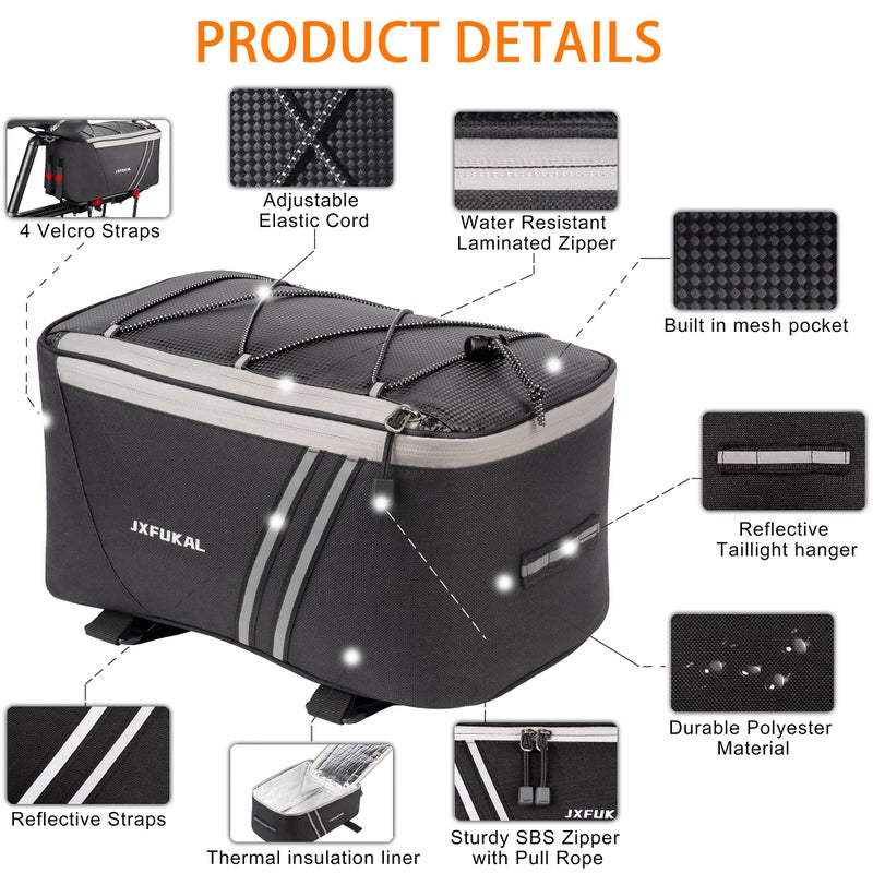JXFUKAL Rear Bike Rack Bag with Rain Cover, 7L/9L/10L/12L Waterproof Bicycle Ebike Saddle Bag Cycling Pannier Trunk Carrier with Reflector & Adjustable Cord for Commuter Travel Outdoor - Image 3