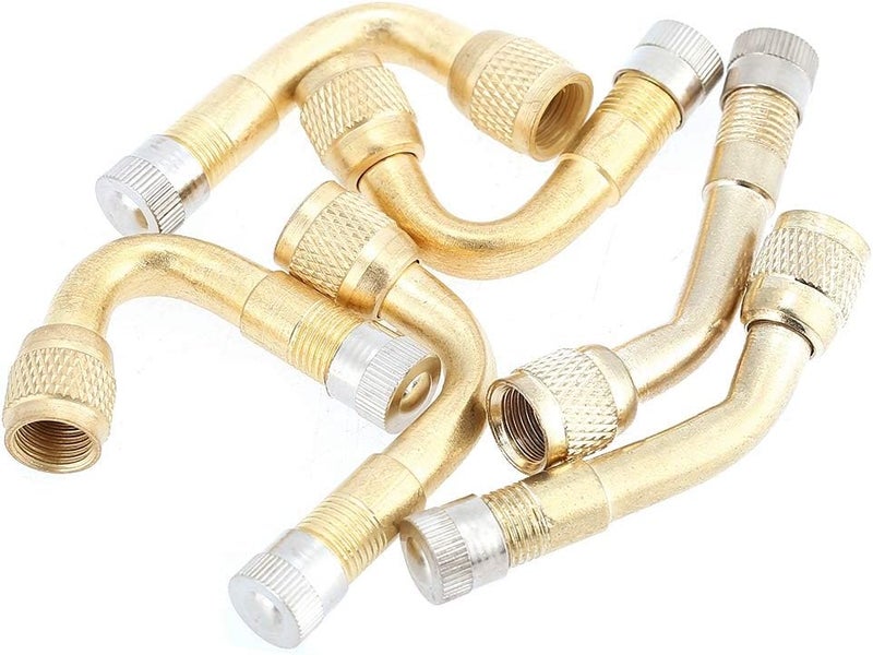 كلاراكو أنبوب تمديد صمام الإطار من كلاركو، محول جذع تمديد صمام الإطار المعدني النحاسي العالمي للسيارة والدراجة النارية والشاحنة والمقطورة RV بزاوية 45 درجة/90 درجة/135 درجة (ذهبي) - Image 1