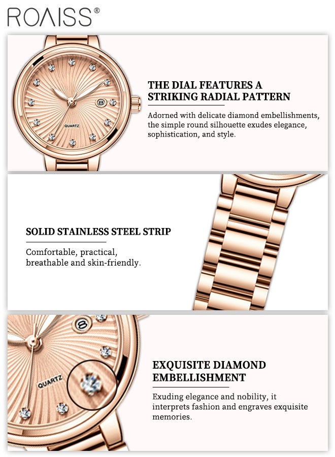 roaiss Women's Shining Steel Band Quartz Watch, Analog Display Round Dial with Calendar Window, Fashionable Luminous Waterproof Wristwatch with Rhinestone Decoration, as Gift for Ladies - Image 5
