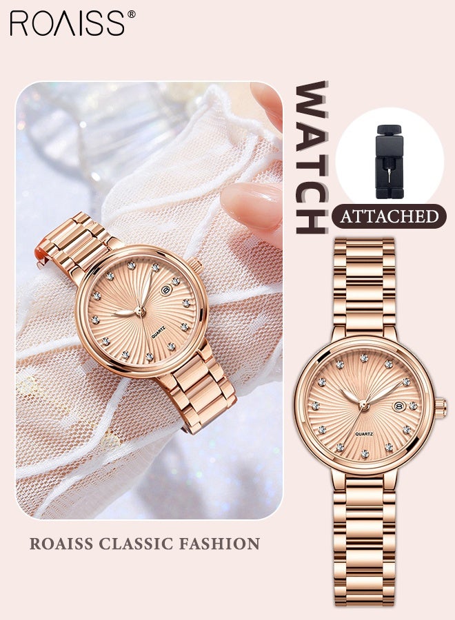 roaiss Women's Shining Steel Band Quartz Watch, Analog Display Round Dial with Calendar Window, Fashionable Luminous Waterproof Wristwatch with Rhinestone Decoration, as Gift for Ladies - Image 1