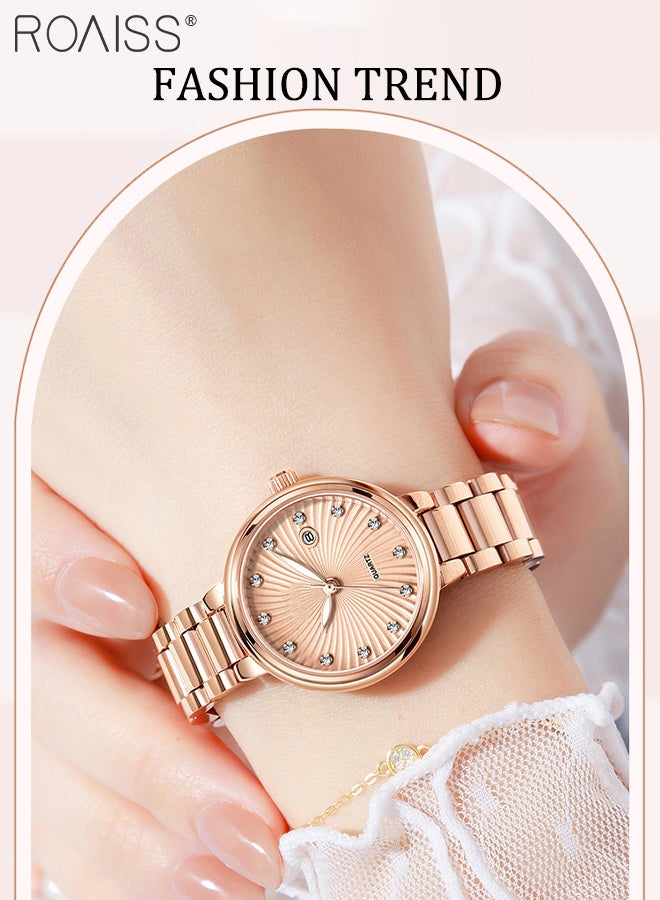 roaiss Women's Shining Steel Band Quartz Watch, Analog Display Round Dial with Calendar Window, Fashionable Luminous Waterproof Wristwatch with Rhinestone Decoration, as Gift for Ladies - Image 2