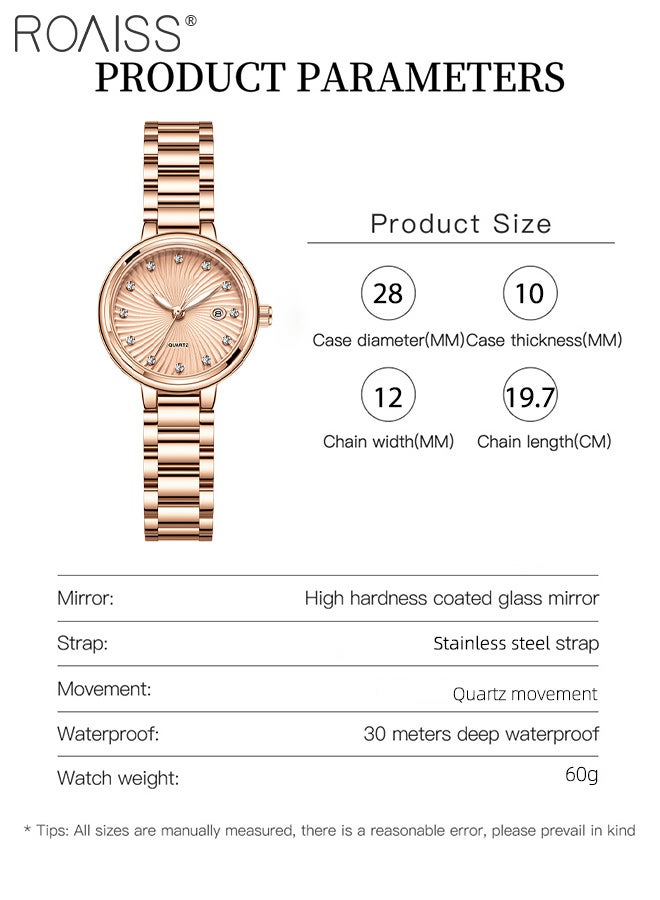 roaiss Women's Shining Steel Band Quartz Watch, Analog Display Round Dial with Calendar Window, Fashionable Luminous Waterproof Wristwatch with Rhinestone Decoration, as Gift for Ladies - Image 4