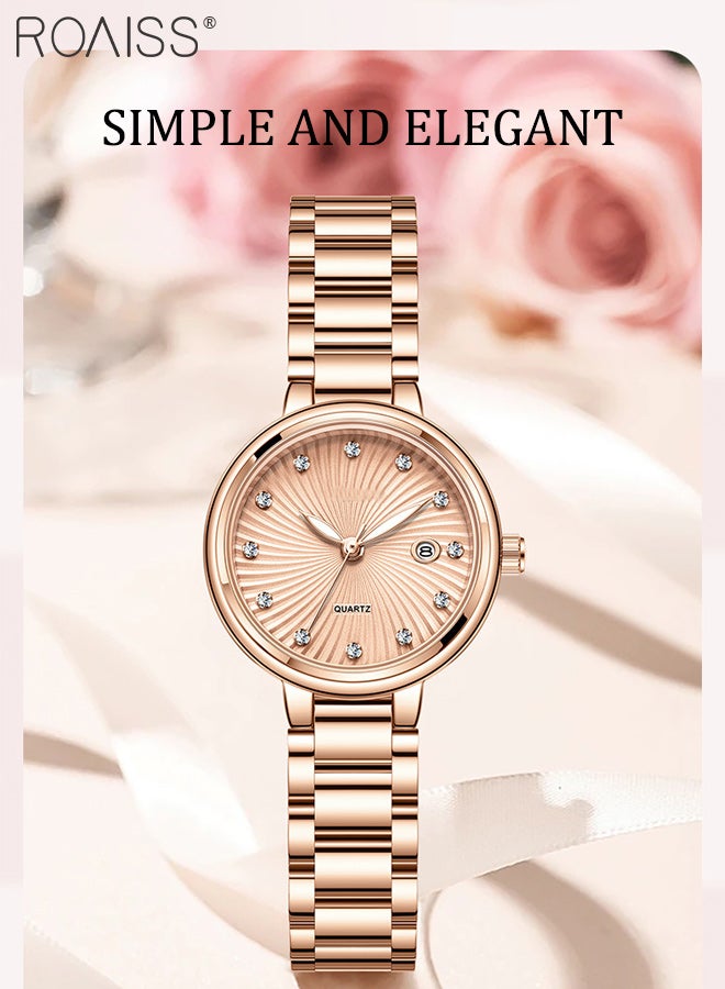 roaiss Women's Shining Steel Band Quartz Watch, Analog Display Round Dial with Calendar Window, Fashionable Luminous Waterproof Wristwatch with Rhinestone Decoration, as Gift for Ladies - Image 3