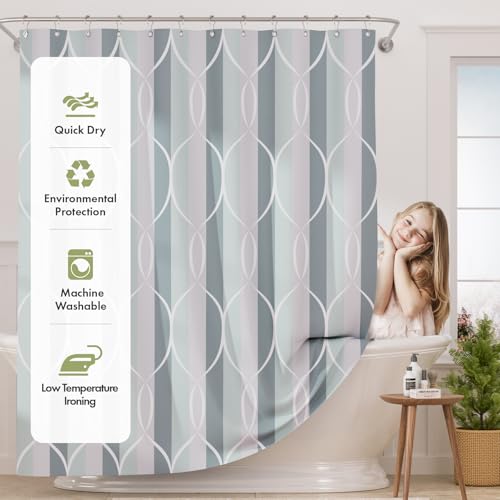 AmazerBath Shower Curtain Sets Washable Cloth Geometric GreenGrey Stripped Fabric Shower Curtain with 12 Metal Hooks Luxury Home Farmhouse Polyester Bathroom Decor Shower Curtains 72x72 Inches - Image 3