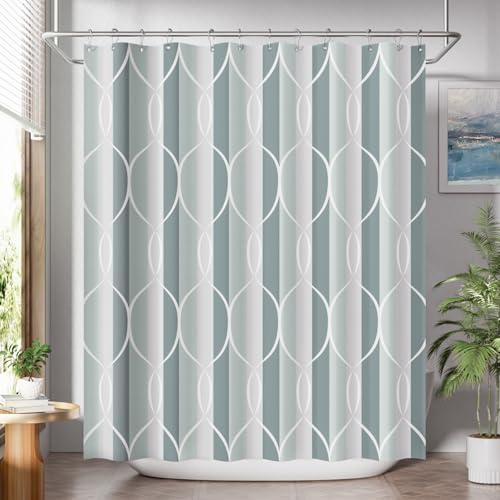 AmazerBath Shower Curtain Sets Washable Cloth Geometric GreenGrey Stripped Fabric Shower Curtain with 12 Metal Hooks Luxury Home Farmhouse Polyester Bathroom Decor Shower Curtains 72x72 Inches - Image 1