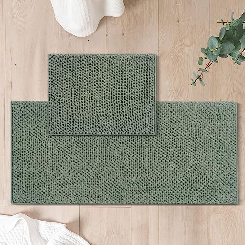 FRESHMINT Chenille Bathroom Rugs Set - 2 Piece 17"x24" + 20"x47", Non-Slip Bath Mats, Water Absorbent, Washable Shower Floor Mat, Sage Green - Image 1