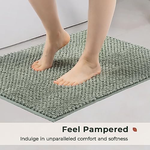 FRESHMINT Chenille Bathroom Rugs Set - 2 Piece 17"x24" + 20"x47", Non-Slip Bath Mats, Water Absorbent, Washable Shower Floor Mat, Sage Green - Image 2