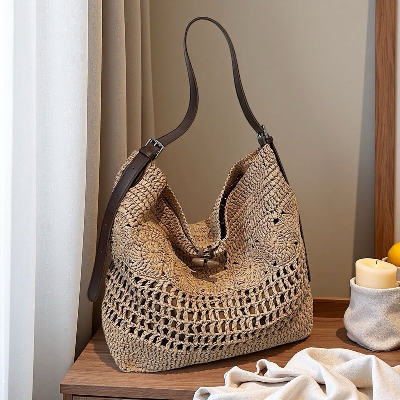 Handwoven Crochet Tote Bag - Large Capacity Straw Crossbody Bag - Image 1