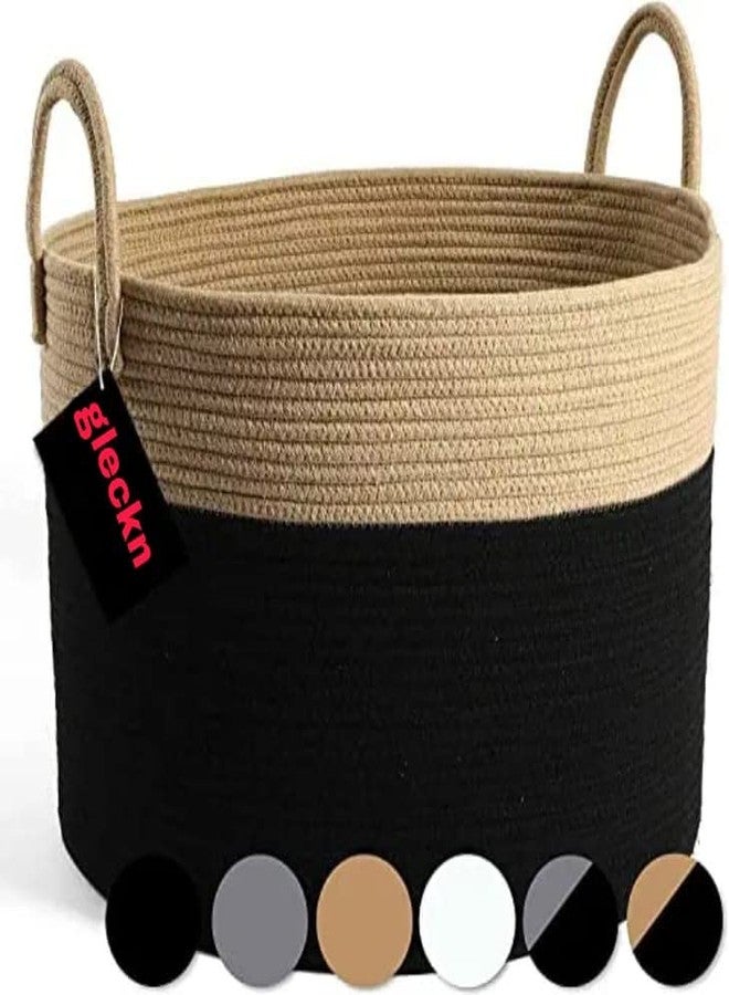 Gleckn Jute Cotton Basket,Handcrafted Woven Storage Planter Basket For Home Decor,Multi-Purpose Bag With Handle For Living Room Bathroom Laundry &Toy(15 X 13 Inch) (1, Honey Black, 15 X 13 Inches)