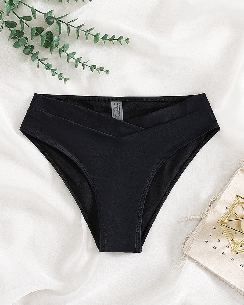 Fanuerg Women's Bikini Bottom Cross V Cut Front Swimsuit Full Coverage Bathing Suit Bottoms Black M - Image 3
