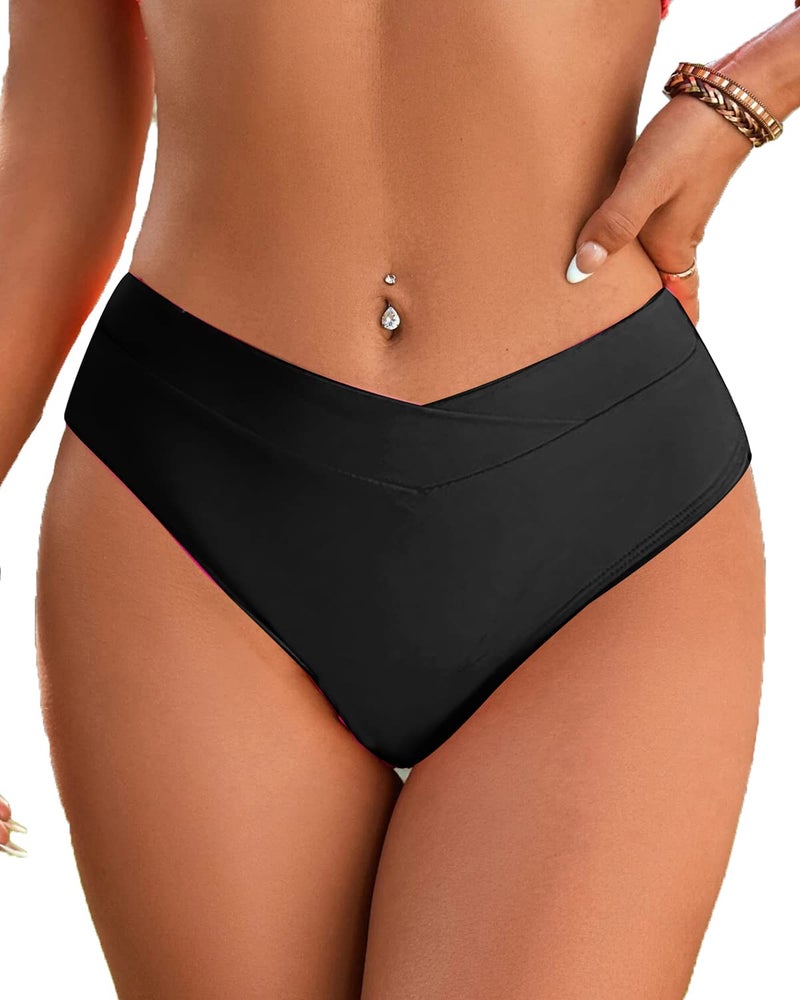 Fanuerg Women's Bikini Bottom Cross V Cut Front Swimsuit Full Coverage Bathing Suit Bottoms Black M - Image 1
