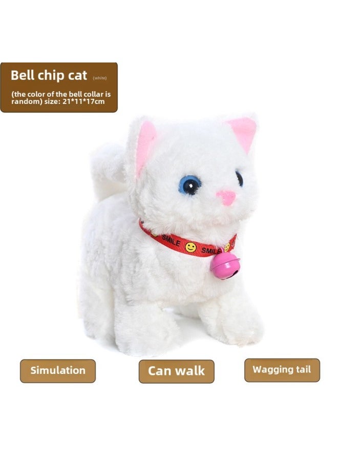 Plush Electric Cat Simulation Cry Walking Nodding Wagging Tail Kitten Puppy Children's Toy Pet Electronic Cat-Color: Bell Chip Cat (white)  - Image 1