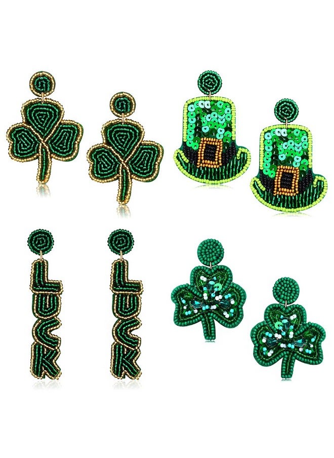 PHALIN - 4 Pairs St. Patrick'S Day Earrings For Women, Beaded Shamrock Earrings Lucky Green Leaf Earrings Top Hat Drop Dangle Earrings Irish Holiday Accessories Jewelry Gifts (Style B) - Image 1