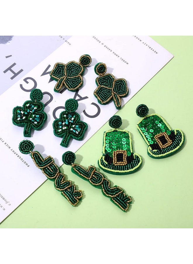 PHALIN - 4 Pairs St. Patrick'S Day Earrings For Women, Beaded Shamrock Earrings Lucky Green Leaf Earrings Top Hat Drop Dangle Earrings Irish Holiday Accessories Jewelry Gifts (Style B) - Image 1