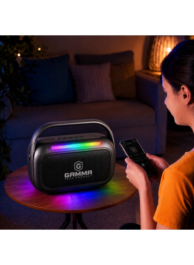 Gamma GT-716 Portable Wireless Speaker – Powerful Stereo Sound with15W Speakers, Dynamic RGB Lighting Effects, Bluetooth Wireless Audio Streaming, USB, TF Card  Playback Support, Built-in 1800mAh Rechargeable, Durable ABS Construction, Convenient Carry Handle, Ideal for Home, Travel, Outdoor Parties & Everyday Entertainment – Black - Image 4
