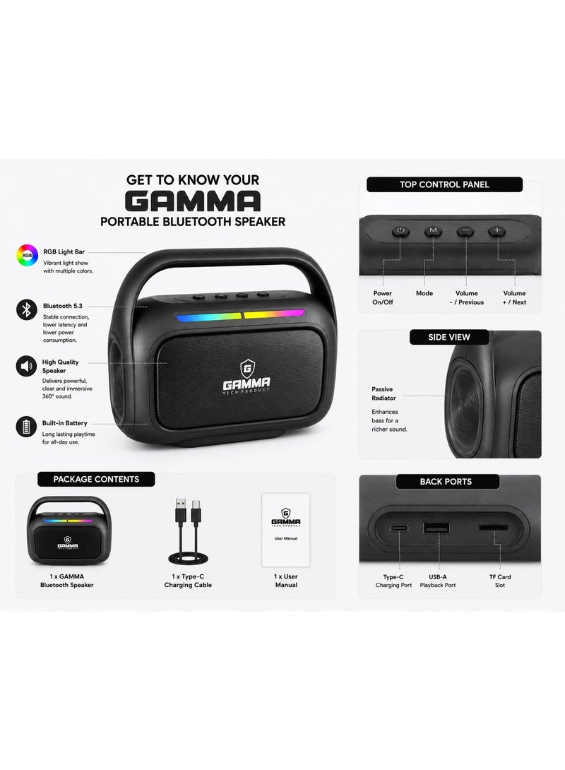 Gamma GT-716 Portable Wireless Speaker – Powerful Stereo Sound with15W Speakers, Dynamic RGB Lighting Effects, Bluetooth Wireless Audio Streaming, USB, TF Card  Playback Support, Built-in 1800mAh Rechargeable, Durable ABS Construction, Convenient Carry Handle, Ideal for Home, Travel, Outdoor Parties & Everyday Entertainment – Black - Image 2
