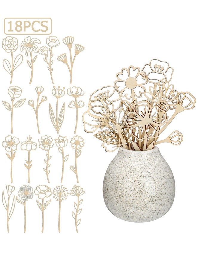 Wffo 18 Pcs Wooden Wildflower Decor Set Wood Flowers Cutout Signs Wildflowers Stems Laser Cut Flowers for Home Birthday Holiday Art DIY Decoration - Image 1