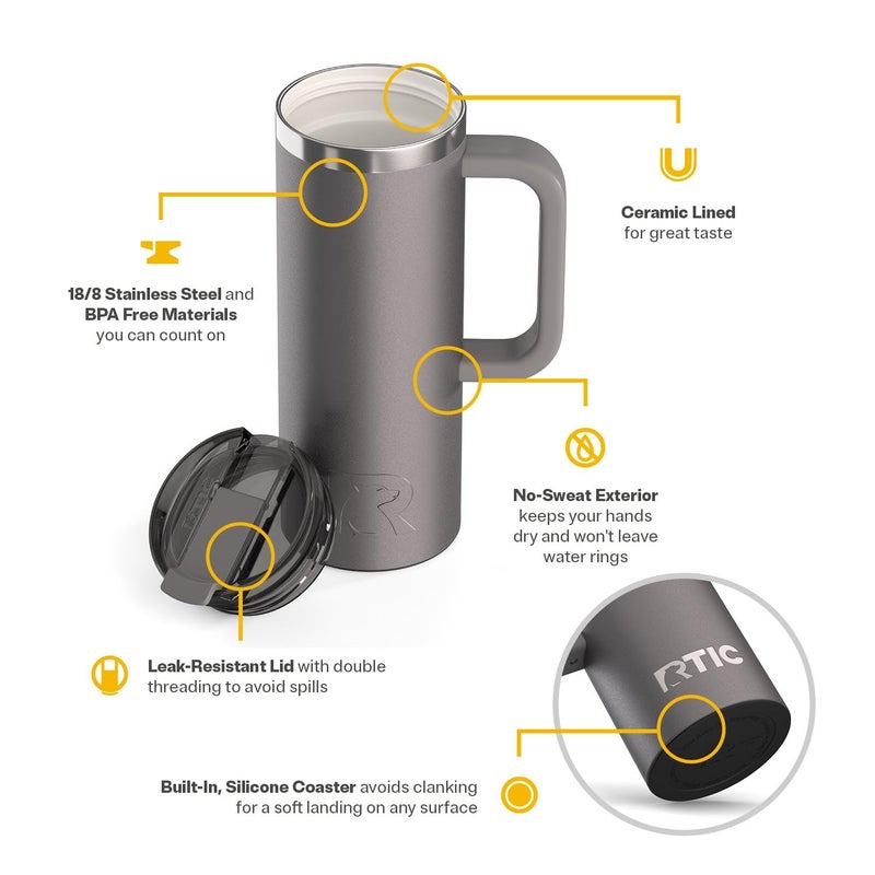 RTIC 20oz Road Trip Travel Mug with Lid and Handle, Ceramic Lined, Insulated, Stainless Steel, Metal, Double Wall Vacuum-Insulation, Portable Coffee, Tea Cup for Hot and Cold Drink, Graphite - Image 3