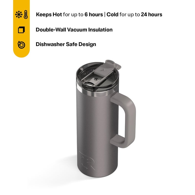 RTIC 20oz Road Trip Travel Mug with Lid and Handle, Ceramic Lined, Insulated, Stainless Steel, Metal, Double Wall Vacuum-Insulation, Portable Coffee, Tea Cup for Hot and Cold Drink, Graphite - Image 2