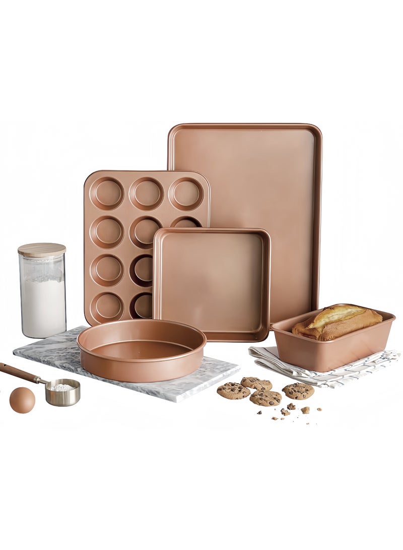 تتكون هذه المجموعة المكونة من خمس قطع من صواني الخبز من صواني فرن غير لاصقة، وتشمل صينية خبز، وصينية بسكويت، وصينية بيتزا، وصينية كيك، وصينية مافن، وهي مناسبة للخبز والطهي. - Image 1