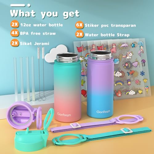 Gonfoam Kids Water Bottle, 2-Pack 16oz Water Bottles with Stickers and Straw, Stainless Steel Vacuum Insulated cup, Kids Water Bottle for School, Gifts for Boys and Girls(Purple/Green) - Image 2