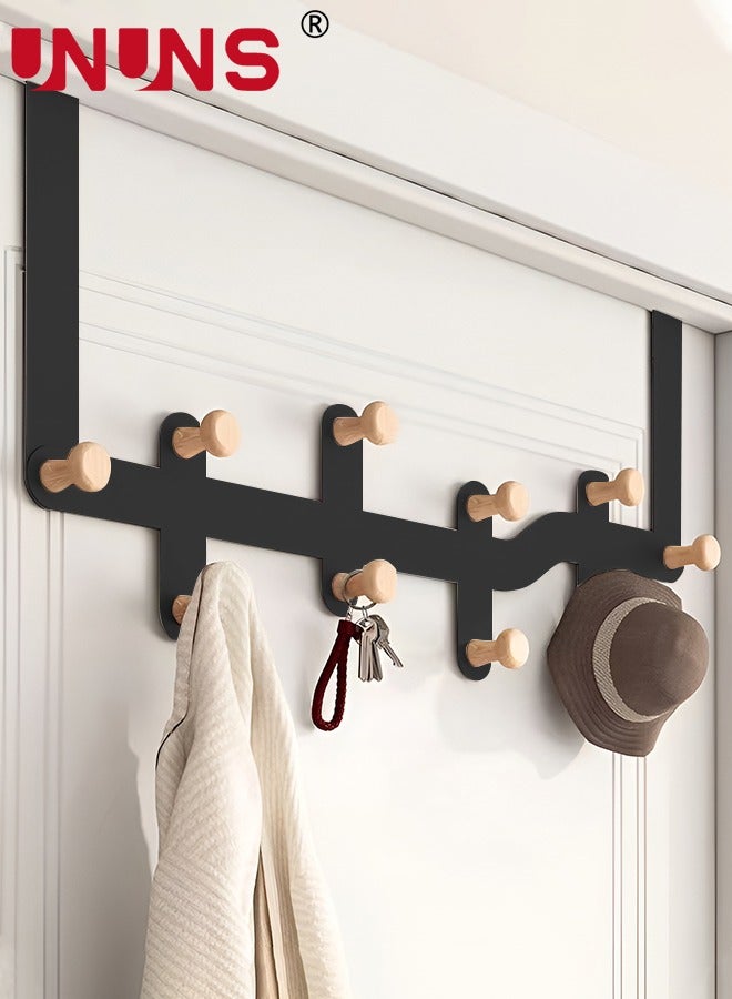 UNUNS Over The Door Hooks,Sturdy Metal Over Door Organizer Rack with 10 Wooden Hooks for Hanging Coats Hats Robes Towels,Bathroom Bedroom Door Hangers,Black  - Image 1