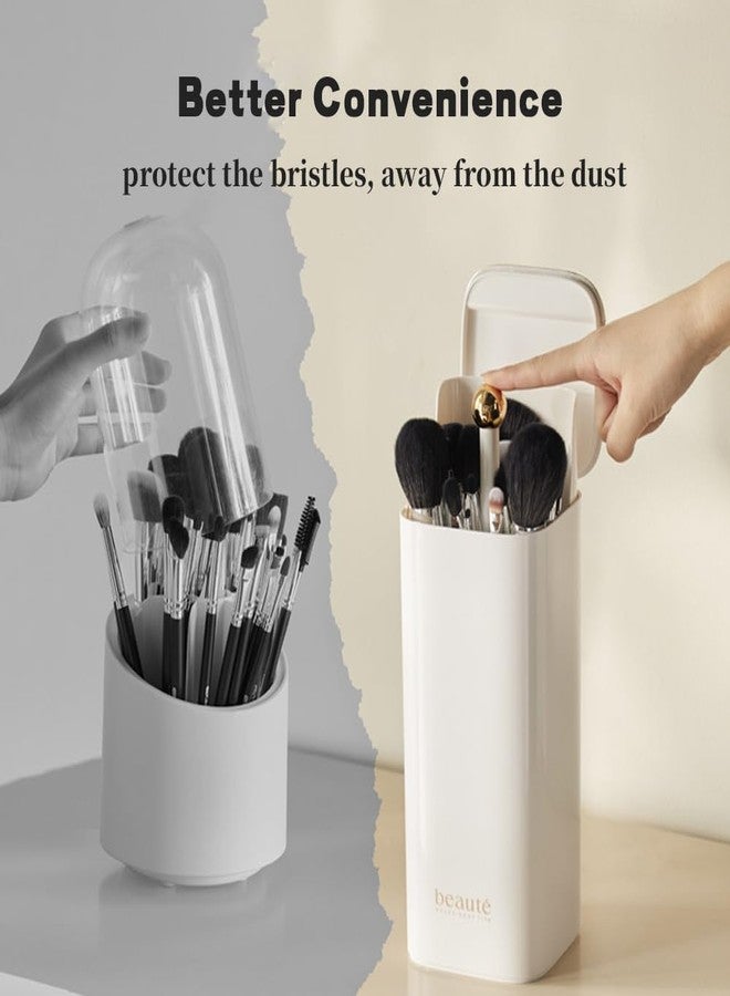 Esdallina Automatic Lifting Makeup Brush Holder with Lid Dustproof Cosmetic Organizers for Vanity-White - Image 4