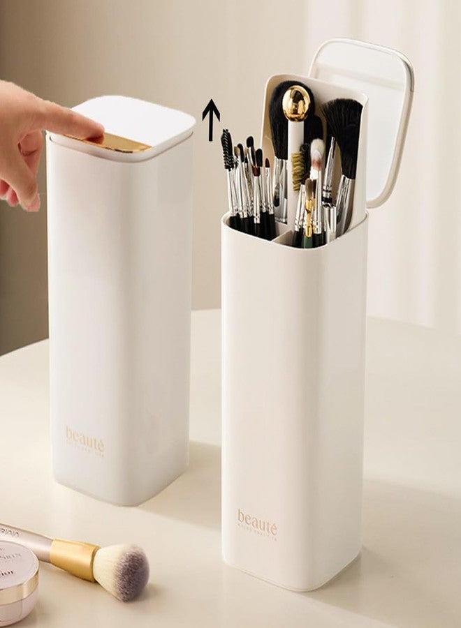 Esdallina Automatic Lifting Makeup Brush Holder with Lid Dustproof Cosmetic Organizers for Vanity-White - Image 1