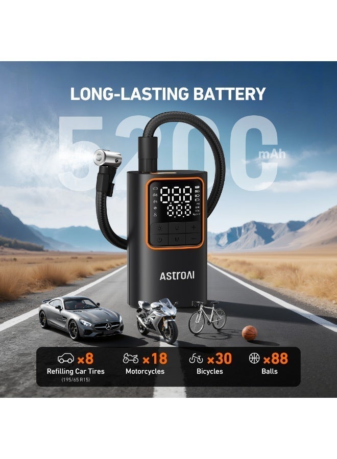 أسترواي AstroAI اللاسلكي سيارة الإطارات المحمولة ضخم L7Pro 5200mAh 150 PSI سيارة مضخة الهواء ضاغط الهواء مع توقف التلقائي و LED ضوء سريع مضخة الدراجات المحمولة 7.4V 2600mAh × 2 سريع التضخم مقياس الضغط الرقمي مع شاشة LCD مزدوجة للسيارة دراجة دراجة نارية كرة - Image 3