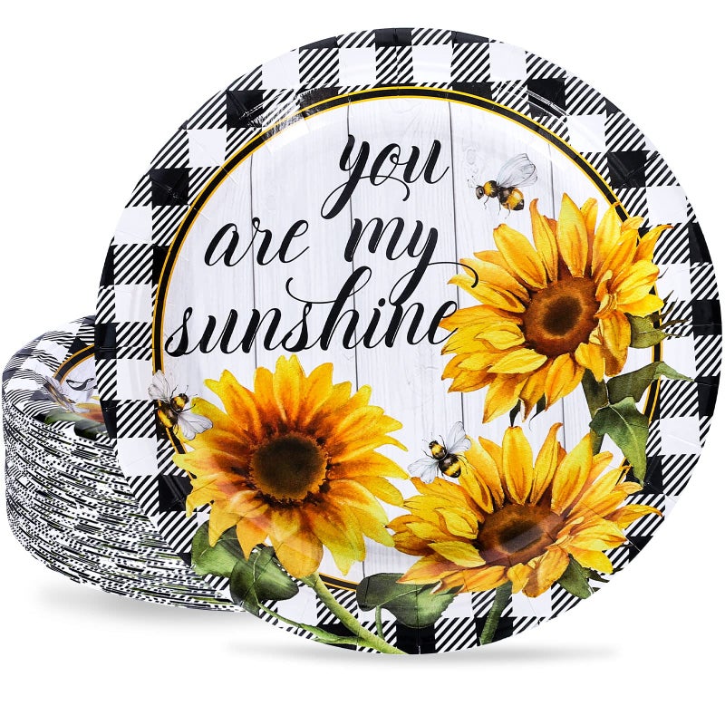 Whaline 40Pcs Sunflower Paper Plates Rustic Spring Disposable Party Plates 9 Inch Buffalo Plaids Farmhouse You Are My Sunshine Tableware for Spring Summer Birthday Baby Shower Supplies