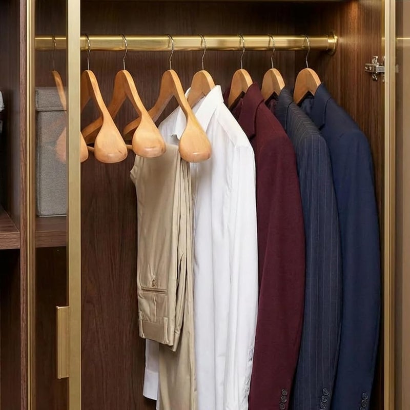 MOONCEE Premium Wide Shoulder Wooden Coat Hangers Heavy-Duty Solid Wood Suit & Jacket Hangers with Non-Slip Pant Bar, 360° Swivel Hook, Natural Wooden Finish Clothes Hanger for Wardrobe (6 Pack) - Image 5