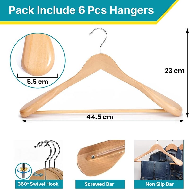 MOONCEE Premium Wide Shoulder Wooden Coat Hangers Heavy-Duty Solid Wood Suit & Jacket Hangers with Non-Slip Pant Bar, 360° Swivel Hook, Natural Wooden Finish Clothes Hanger for Wardrobe (6 Pack) - Image 2