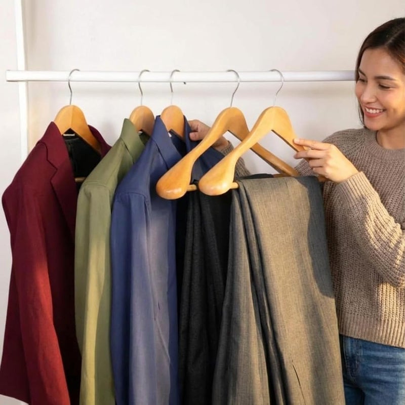 MOONCEE Premium Wide Shoulder Wooden Coat Hangers Heavy-Duty Solid Wood Suit & Jacket Hangers with Non-Slip Pant Bar, 360° Swivel Hook, Natural Wooden Finish Clothes Hanger for Wardrobe (6 Pack) - Image 3
