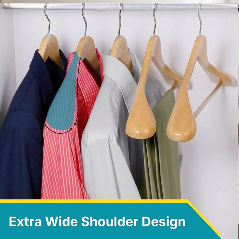 MOONCEE Premium Wide Shoulder Wooden Coat Hangers Heavy-Duty Solid Wood Suit & Jacket Hangers with Non-Slip Pant Bar, 360° Swivel Hook, Natural Wooden Finish Clothes Hanger for Wardrobe (6 Pack) - Image 4