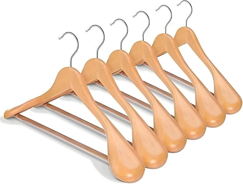 MOONCEE Premium Wide Shoulder Wooden Coat Hangers Heavy-Duty Solid Wood Suit & Jacket Hangers with Non-Slip Pant Bar, 360° Swivel Hook, Natural Wooden Finish Clothes Hanger for Wardrobe (6 Pack) - Image 1