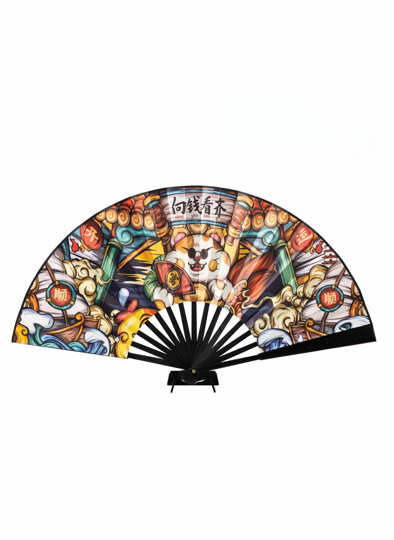 Excefore 13" Large Folding Hand Rave Fan for Women/Men, Chinese Kung Fu Tai Chi Bamboo and Nylon-Cloth Foldable Held Fan with Fan Bracket for Party,Drag Queen,Decorations and Festival Gifts (Lucky Cat)  - Image 1
