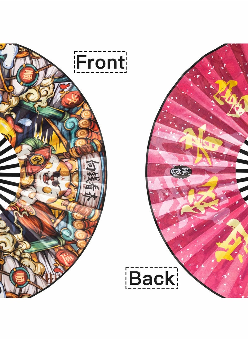 Excefore 13" Large Folding Hand Rave Fan for Women/Men, Chinese Kung Fu Tai Chi Bamboo and Nylon-Cloth Foldable Held Fan with Fan Bracket for Party,Drag Queen,Decorations and Festival Gifts (Lucky Cat)  - Image 3
