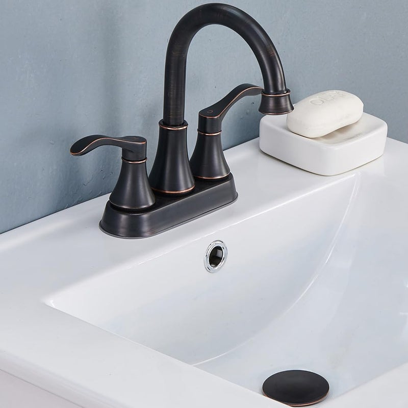 VALISY Lead-Free Antique 2 Handle Oil Rubbed Bronze Bathroom Sink Faucet, 360Â° Swivel High-Arc Spout 4-Inch Centerset Lavatory Vanity Faucets Set with Drain & Water Hoses, VABM10003H - Image 2