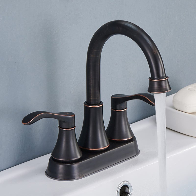 VALISY Lead-Free Antique 2 Handle Oil Rubbed Bronze Bathroom Sink Faucet, 360Â° Swivel High-Arc Spout 4-Inch Centerset Lavatory Vanity Faucets Set with Drain & Water Hoses, VABM10003H - Image 1